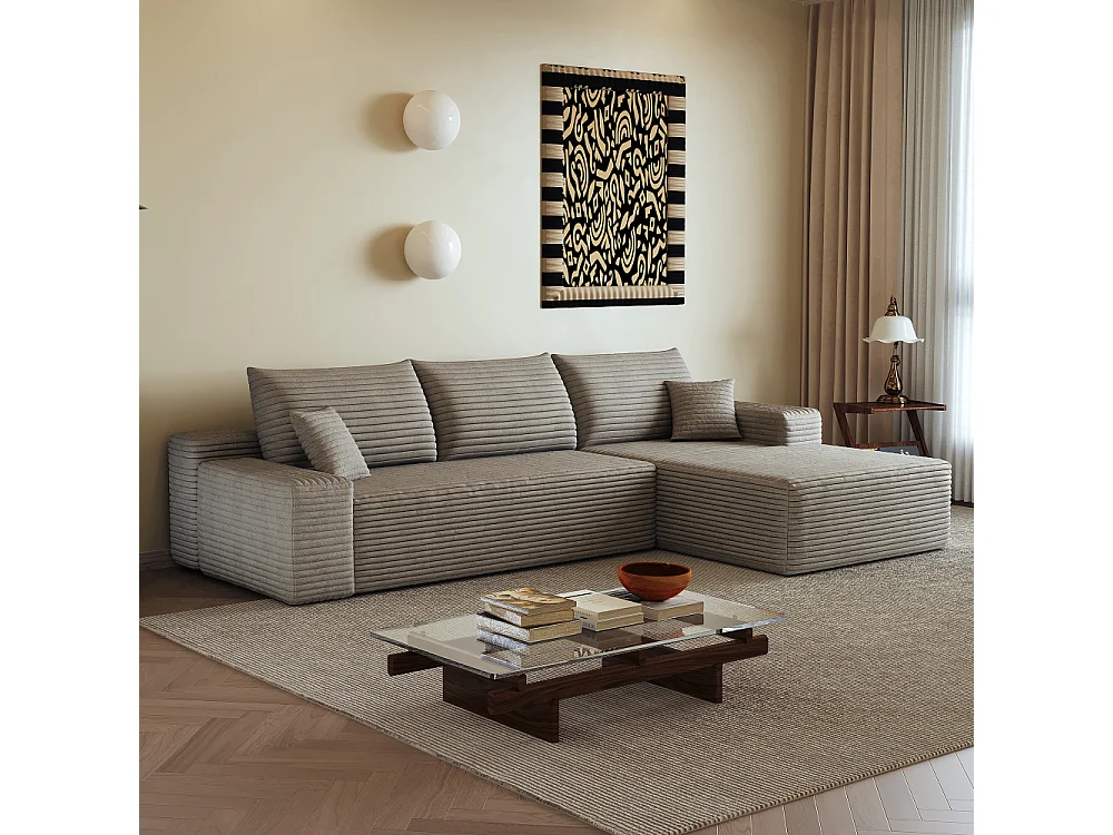 Canapé d'angle modulaire 270 cm en velours côtelé, méridienne en L, assise profonde, sans montage