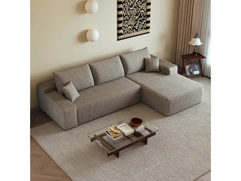 Canapé d'angle modulaire 270 cm en velours côtelé, méridienne en L, assise profonde, sans montage