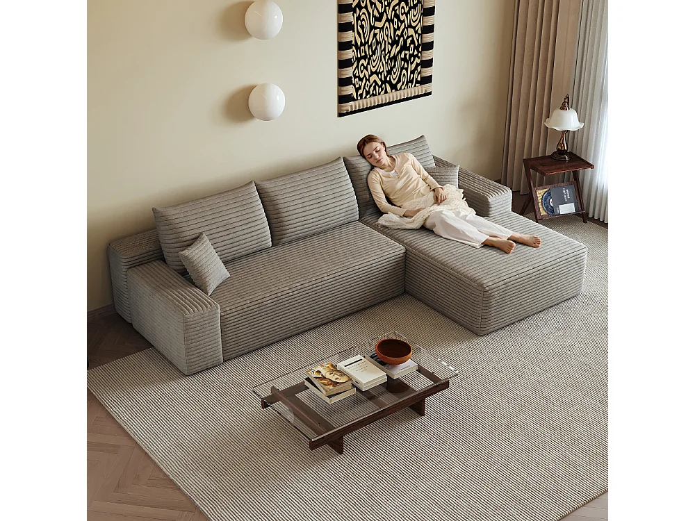 Canapé d'angle modulaire 270 cm en velours côtelé, méridienne en L, assise profonde, sans montage