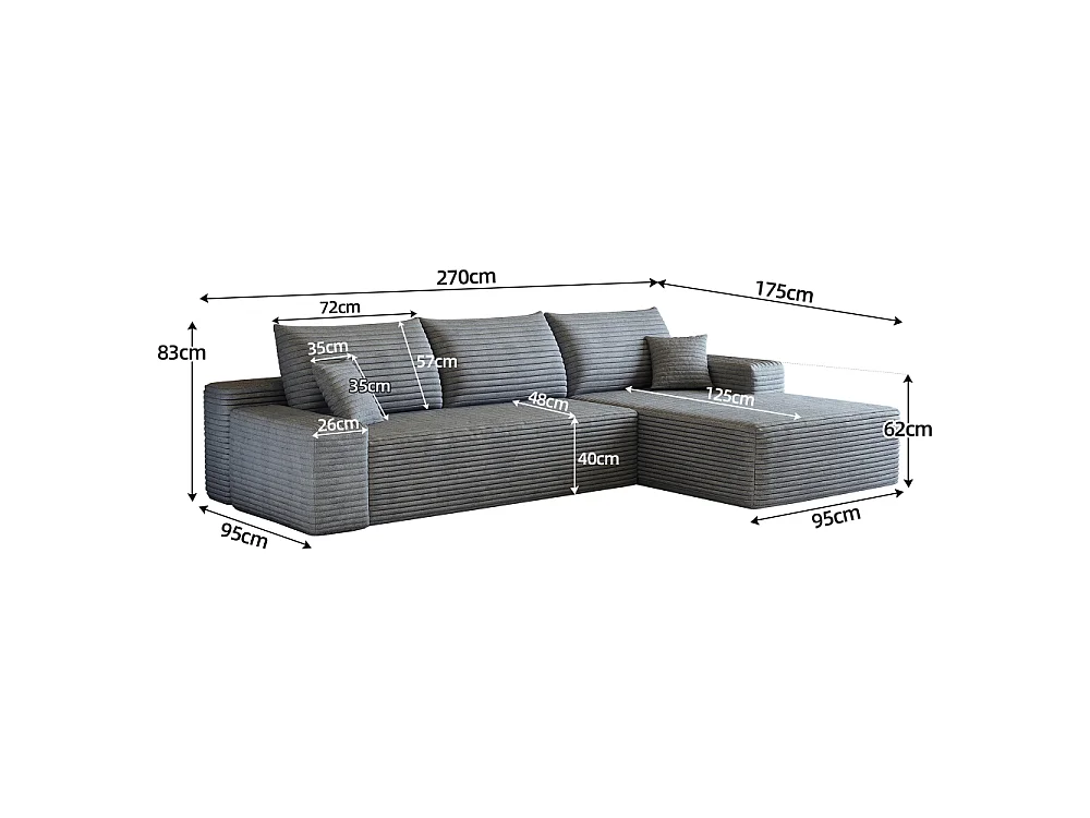Modulaire hoekbank 270 cm in corduroy, L-vormige chaise longue, diepe zit, zonder montage