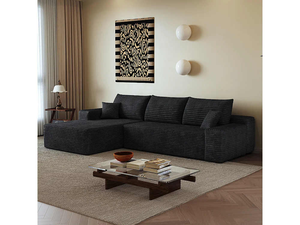 Canapé d'angle modulaire 270 cm en velours côtelé, méridienne en L, assise profonde, sans montage