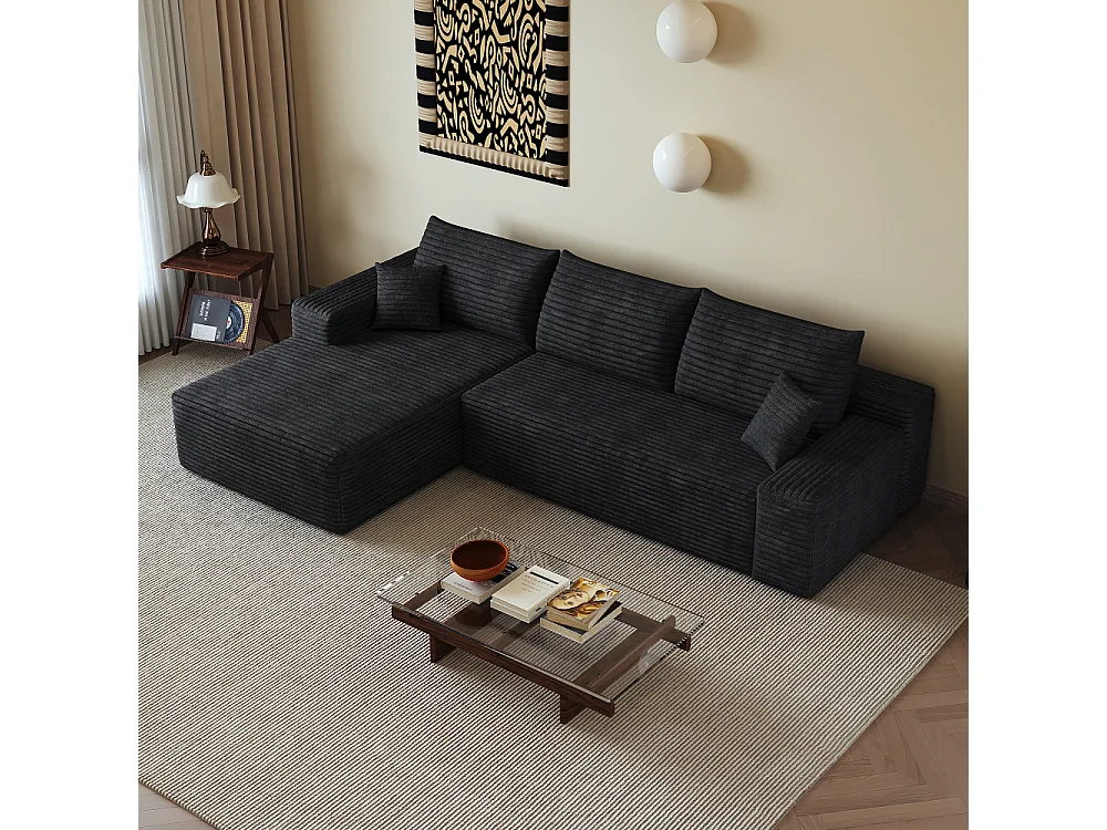 Canapé d'angle modulaire 270 cm en velours côtelé, méridienne en L, assise profonde, sans montage