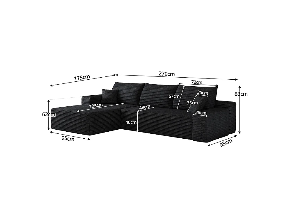 Canapé d'angle modulaire 270 cm en velours côtelé, méridienne en L, assise profonde, sans montage