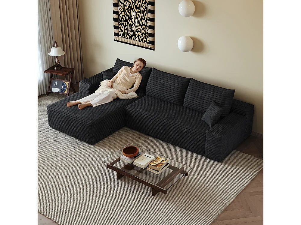 Canapé d'angle modulaire 270 cm en velours côtelé, méridienne en L, assise profonde, sans montage