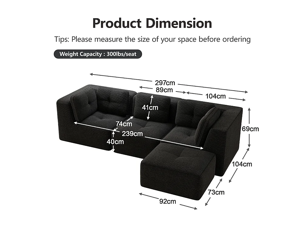 Canapé d’angle modulaire L sans cadre en corduroy velours côtelé - sofa profond confortable