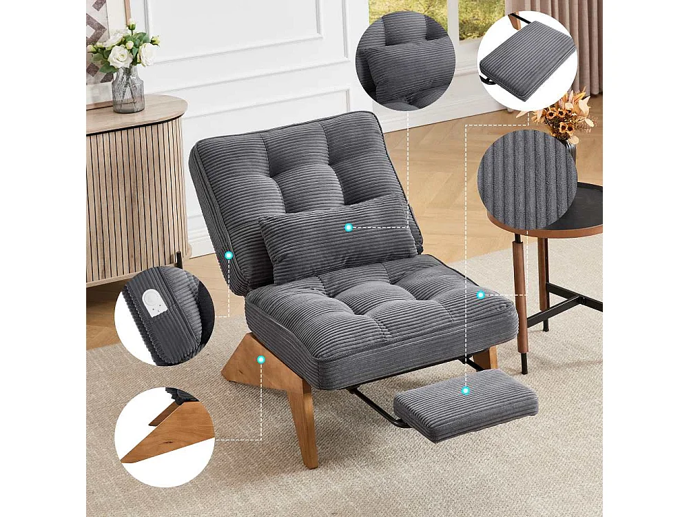 Verstellbarer Loungesessel aus Stoff mit Fußstütze, Lendenkissen und Holzbeinen für Wohnzimmer, Schlafzimmer