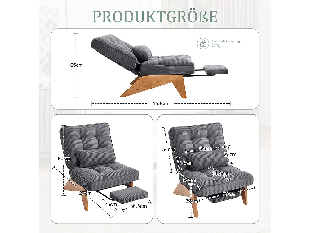 Verstellbarer Loungesessel aus Stoff mit Fußstütze, Lendenkissen und Holzbeinen für Wohnzimmer, Schlafzimmer