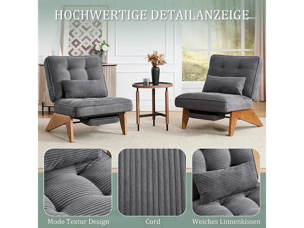 Verstellbarer Loungesessel aus Stoff mit Fußstütze, Lendenkissen und Holzbeinen für Wohnzimmer, Schlafzimmer