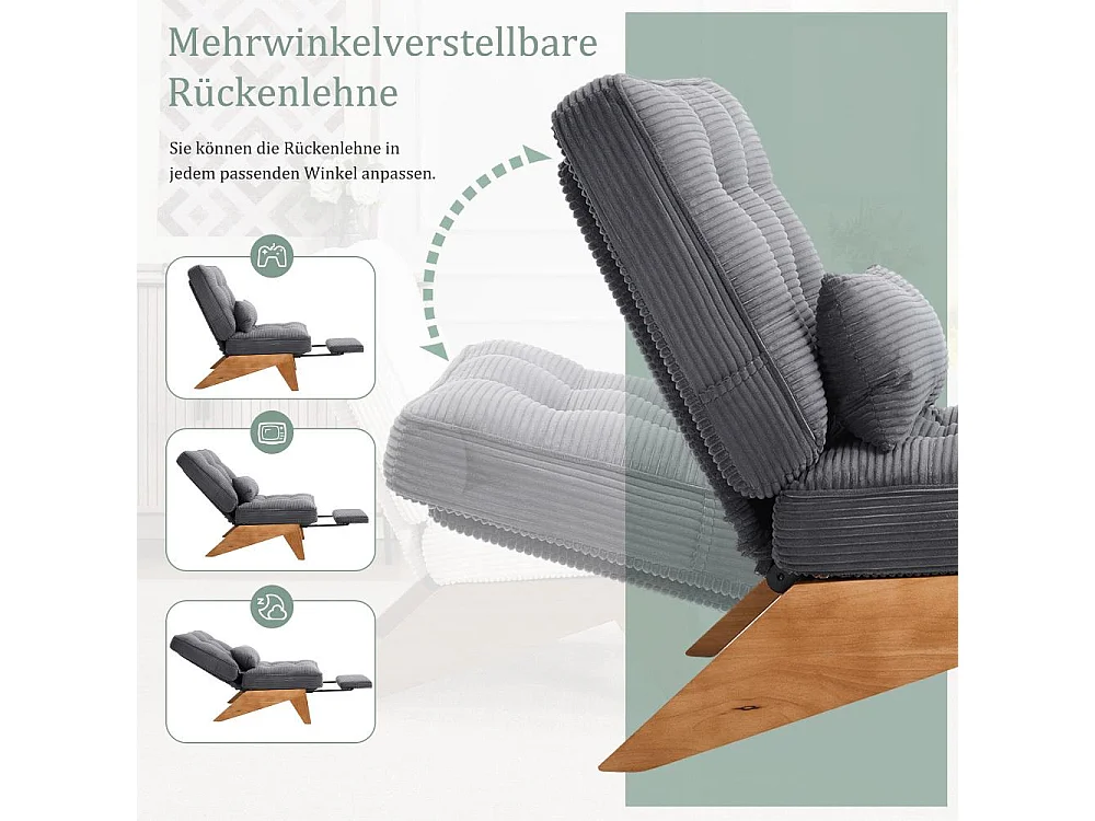 Verstellbarer Loungesessel aus Stoff mit Fußstütze, Lendenkissen und Holzbeinen für Wohnzimmer, Schlafzimmer