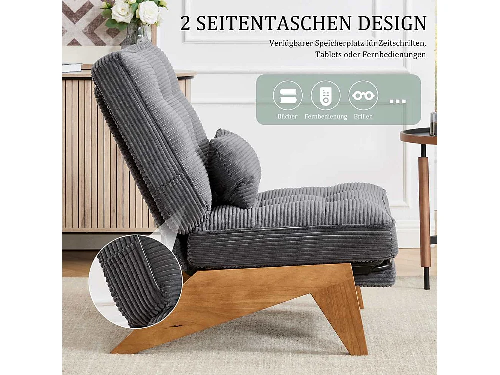 Verstellbarer Loungesessel aus Stoff mit Fußstütze, Lendenkissen und Holzbeinen für Wohnzimmer, Schlafzimmer