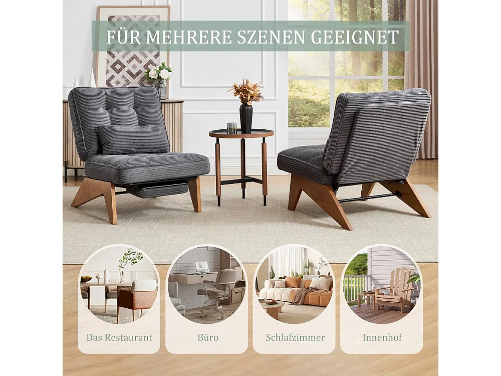 Verstellbarer Loungesessel aus Stoff mit Fußstütze, Lendenkissen und Holzbeinen für Wohnzimmer, Schlafzimmer