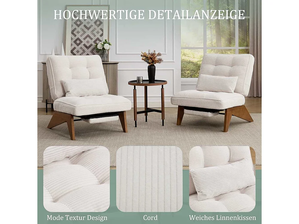 Verstellbarer Loungesessel aus Stoff mit Fußstütze, Lendenkissen und Holzbeinen für Wohnzimmer, Schlafzimmer