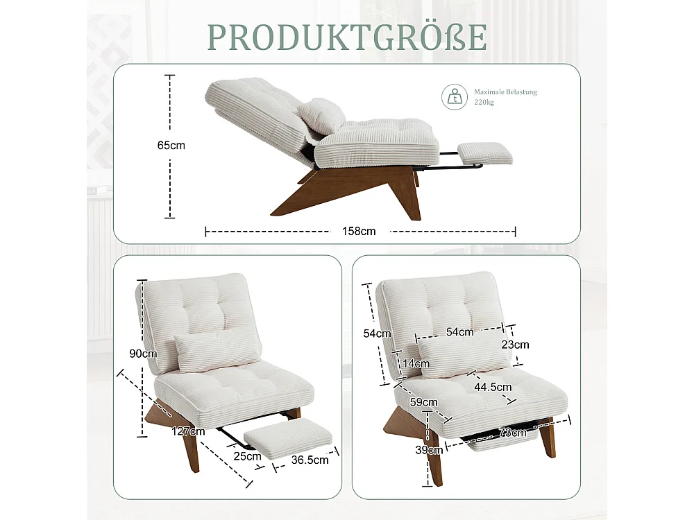 Verstellbarer Loungesessel aus Stoff mit Fußstütze, Lendenkissen und Holzbeinen für Wohnzimmer, Schlafzimmer