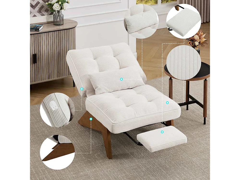 Verstellbarer Loungesessel aus Stoff mit Fußstütze, Lendenkissen und Holzbeinen für Wohnzimmer, Schlafzimmer
