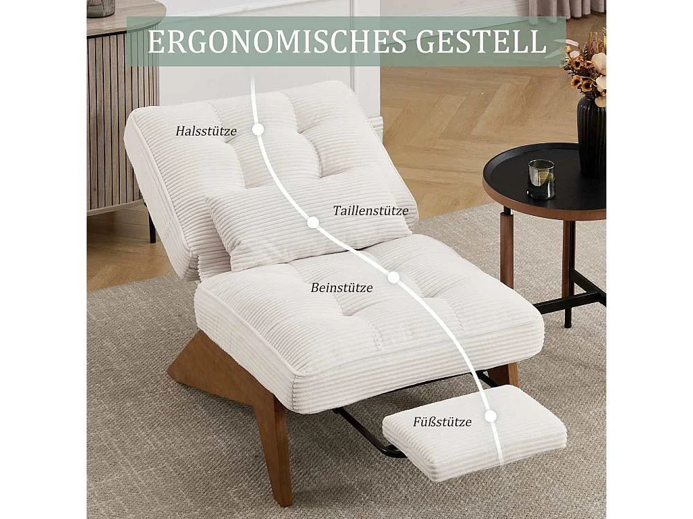 Verstellbarer Loungesessel aus Stoff mit Fußstütze, Lendenkissen und Holzbeinen für Wohnzimmer, Schlafzimmer