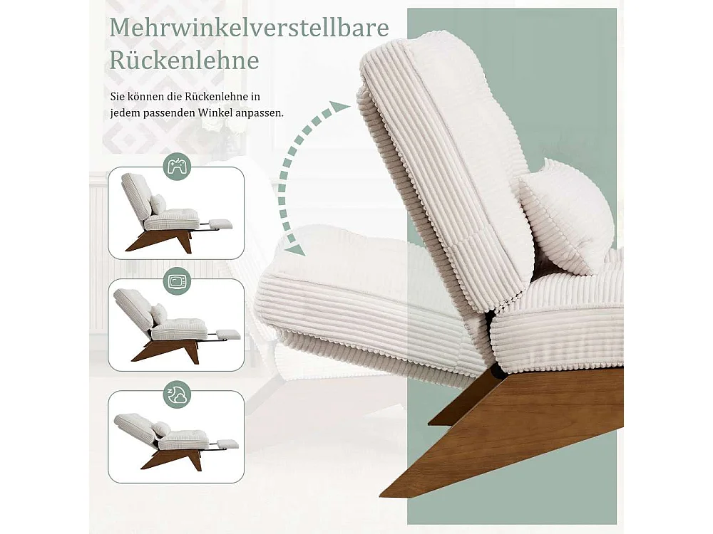 Verstellbarer Loungesessel aus Stoff mit Fußstütze, Lendenkissen und Holzbeinen für Wohnzimmer, Schlafzimmer