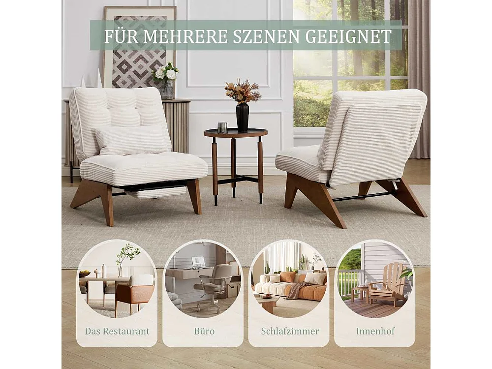 Verstellbarer Loungesessel aus Stoff mit Fußstütze, Lendenkissen und Holzbeinen für Wohnzimmer, Schlafzimmer