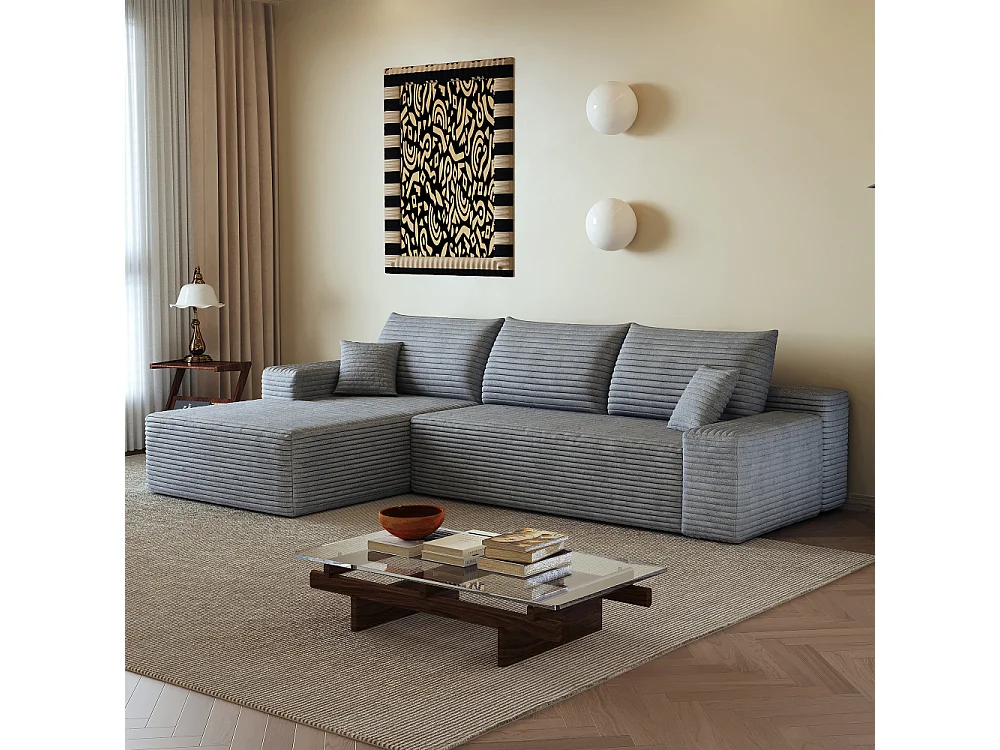 Modulares Ecksofa 270 cm aus Cord, L-förmige Chaiselongue, tiefe Sitzfläche, ohne Montage