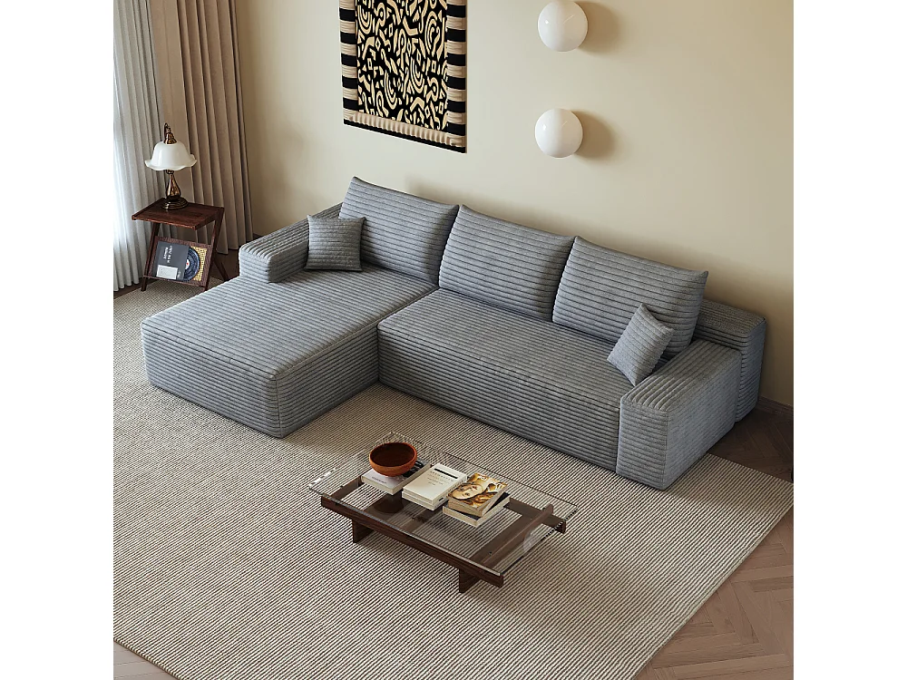 Modulares Ecksofa 270 cm aus Cord, L-förmige Chaiselongue, tiefe Sitzfläche, ohne Montage