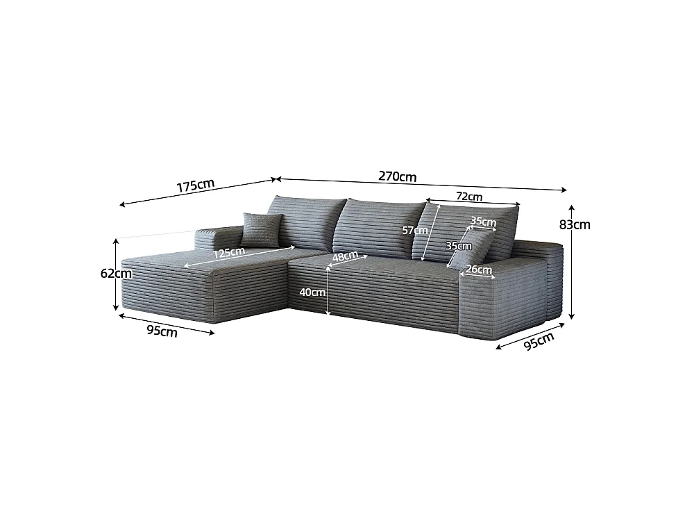 Modulares Ecksofa 270 cm aus Cord, L-förmige Chaiselongue, tiefe Sitzfläche, ohne Montage