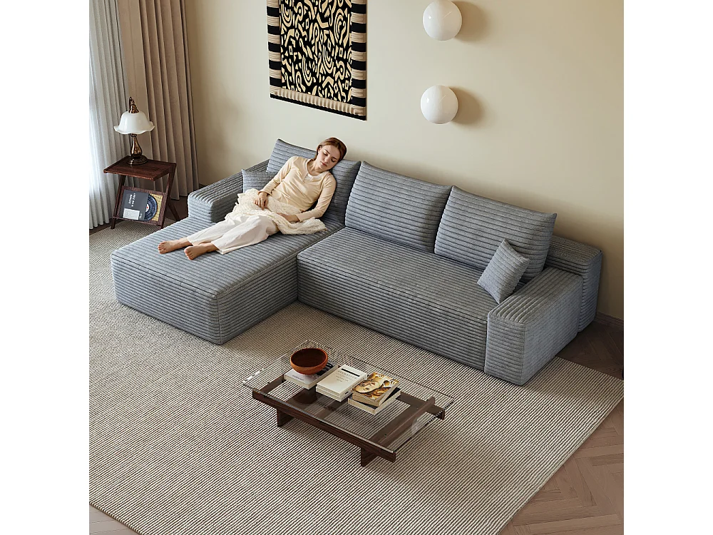 Modulares Ecksofa 270 cm aus Cord, L-förmige Chaiselongue, tiefe Sitzfläche, ohne Montage