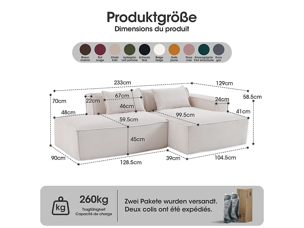 Stoffsofa 235 cm, kompakt mit Kissen und Taschenfedern, bequem und modern