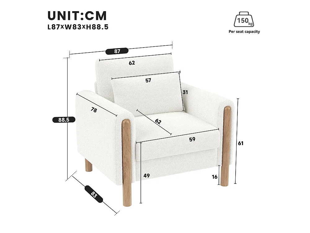 Fauteuil Moderne en Velours Teddy avec Coussins Épais, Confort Optimal et Structure Solide – Système de Protection Anti-rayures et Design Élégant
