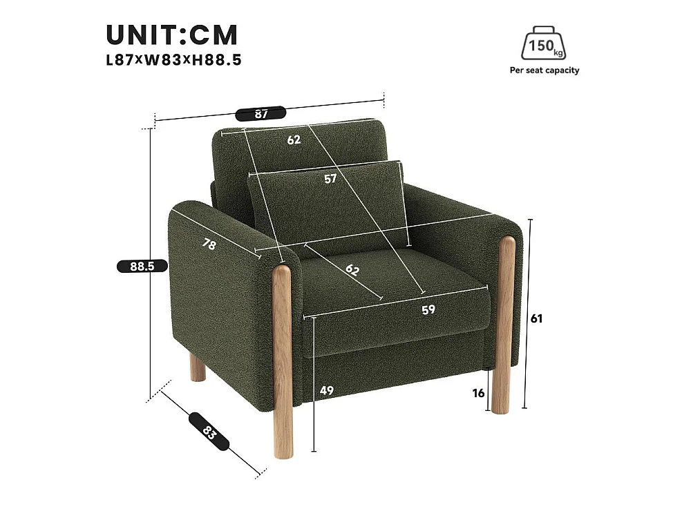 Fauteuil Moderne en Velours Teddy avec Coussins Épais, Confort Optimal et Structure Solide – Système de Protection Anti-rayures et Design Élégant