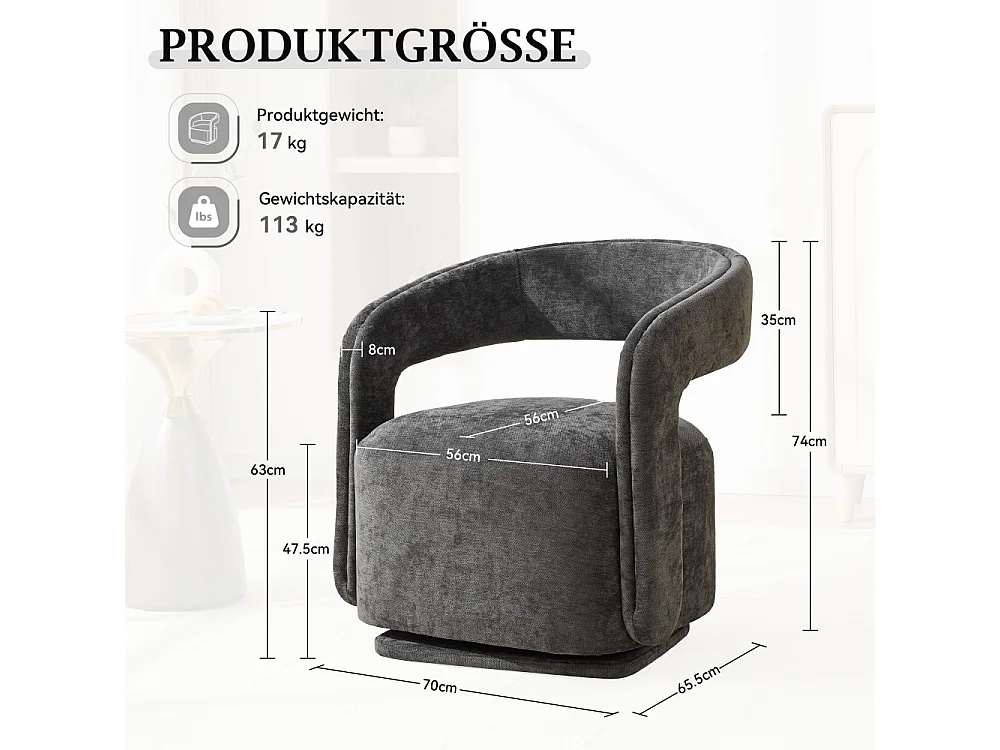 360° drehbarer Sessel, strukturierter Chenille-Stuhl, ergonomisch gestaltete Lounge für Wohnzimmer und Lesen