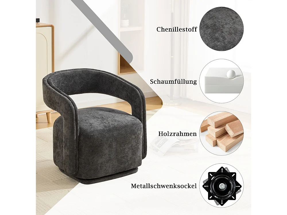 360° drehbarer Sessel, strukturierter Chenille-Stuhl, ergonomisch gestaltete Lounge für Wohnzimmer und Lesen