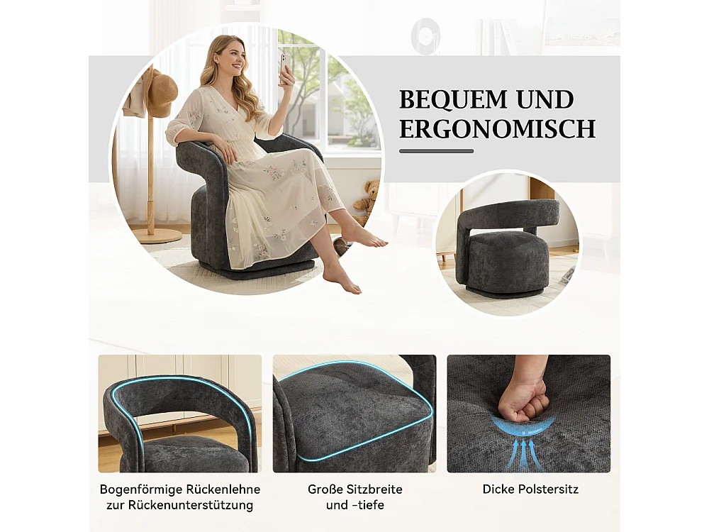 360° drehbarer Sessel, strukturierter Chenille-Stuhl, ergonomisch gestaltete Lounge für Wohnzimmer und Lesen