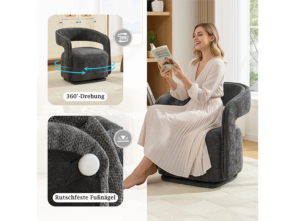 360° drehbarer Sessel, strukturierter Chenille-Stuhl, ergonomisch gestaltete Lounge für Wohnzimmer und Lesen