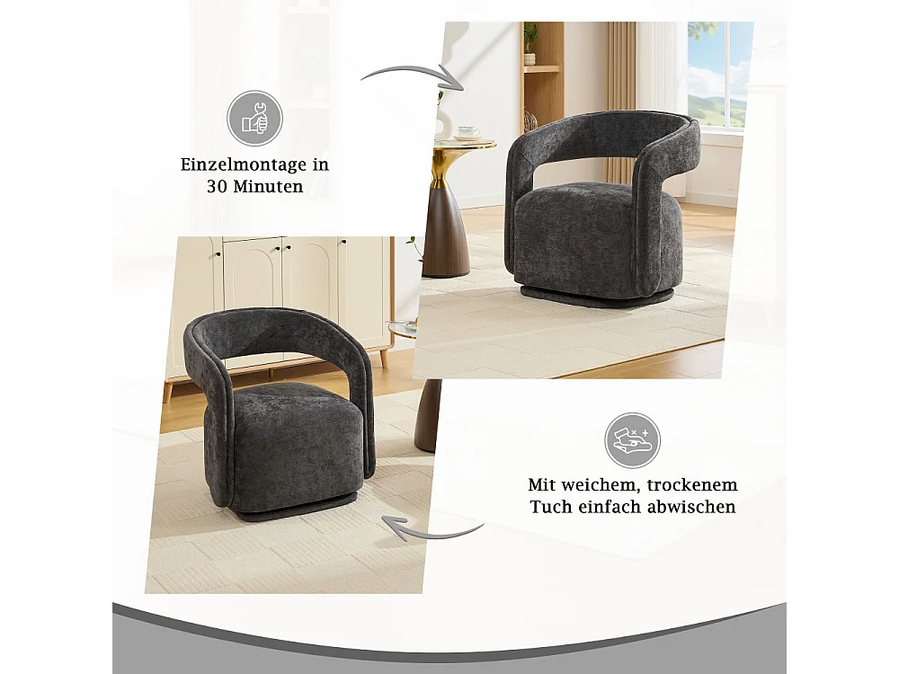 360° drehbarer Sessel, strukturierter Chenille-Stuhl, ergonomisch gestaltete Lounge für Wohnzimmer und Lesen