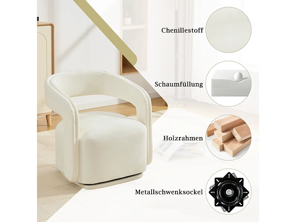 Fauteuil girevole a 360° in tessuto chenille testurizzato, poltrona lounge ergonomica dal design moderno per soggiorno e angolo lettura