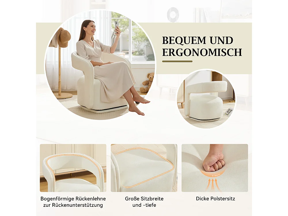 Fauteuil girevole a 360° in tessuto chenille testurizzato, poltrona lounge ergonomica dal design moderno per soggiorno e angolo lettura