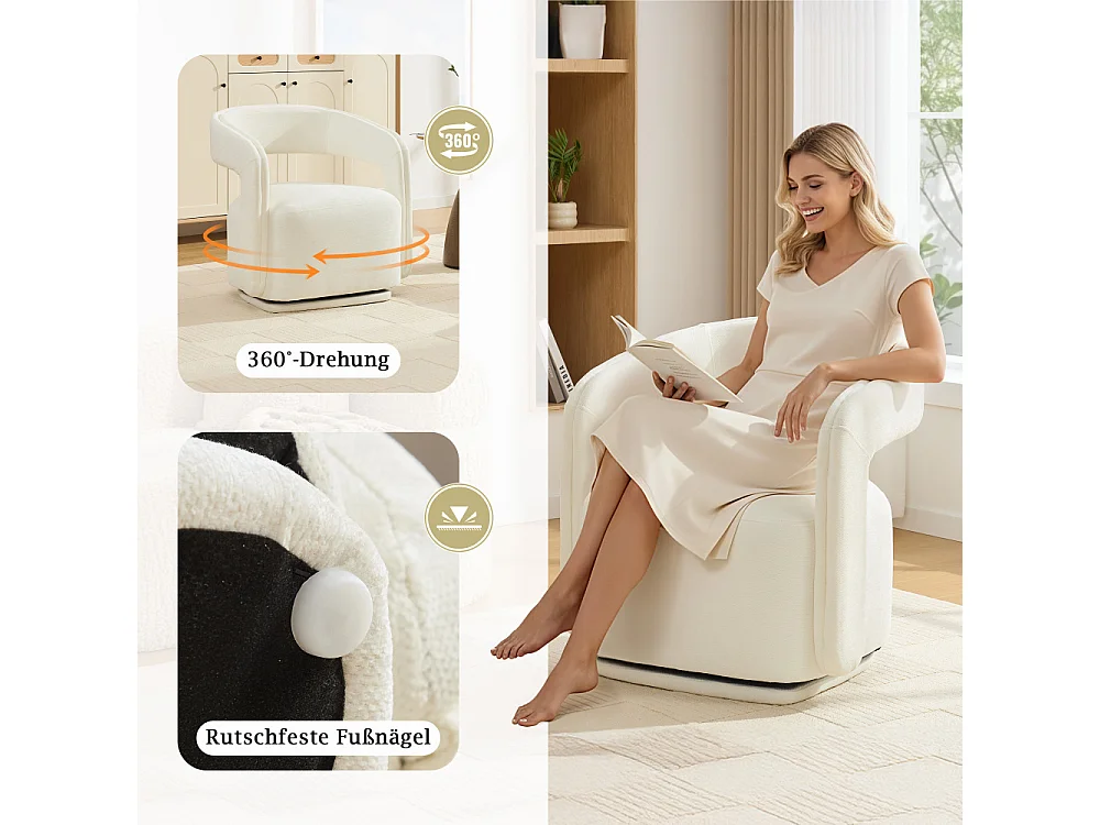 Fauteuil girevole a 360° in tessuto chenille testurizzato, poltrona lounge ergonomica dal design moderno per soggiorno e angolo lettura