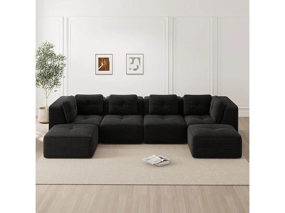 Canapé modulaire sans structure en velours côtelé U-forme avec ottomane, sofa profond convertible sans montage, design antidérapant