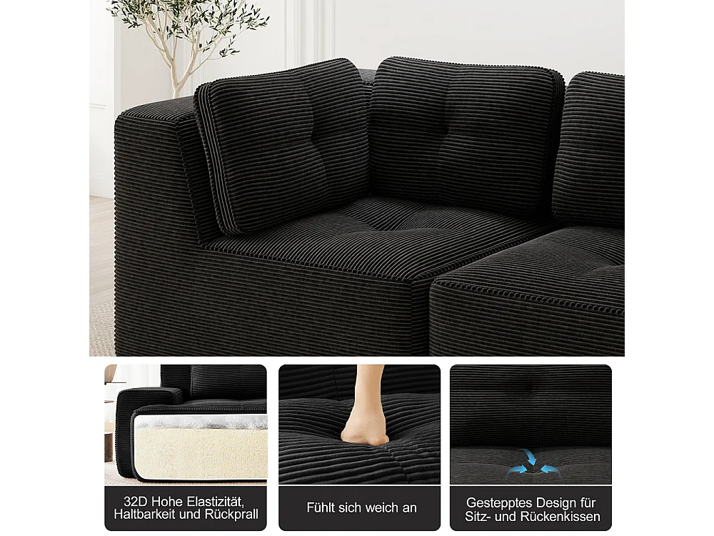 Canapé modulaire sans structure en velours côtelé U-forme avec ottomane, sofa profond convertible sans montage, design antidérapant