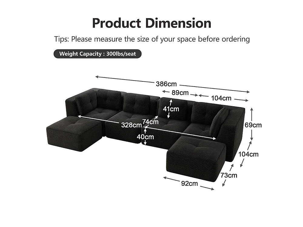Canapé modulaire sans structure en velours côtelé U-forme avec ottomane, sofa profond convertible sans montage, design antidérapant