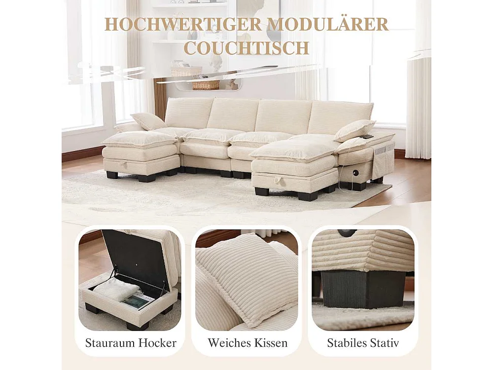 Modulares 4-Sitzer-Sofa mit 2 Poufs – breiter ergonomischer Sitz, hochdichter Schaumstoff, integrierter USB-C und Seitentaschen