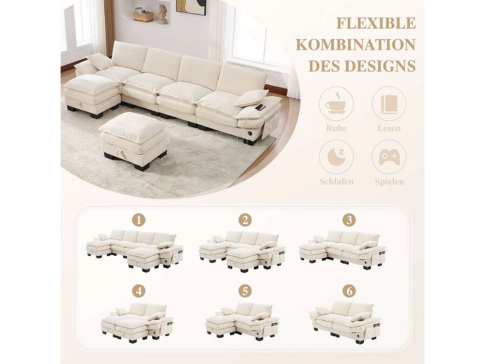 Modulares 4-Sitzer-Sofa mit 2 Poufs – breiter ergonomischer Sitz, hochdichter Schaumstoff, integrierter USB-C und Seitentaschen