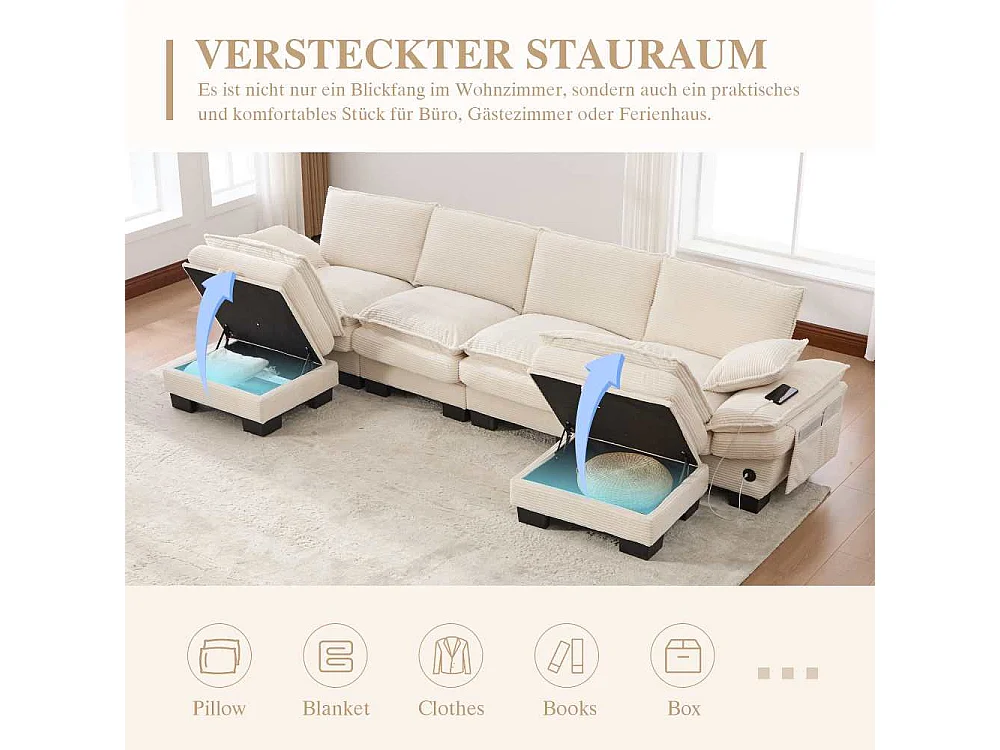 Modulares 4-Sitzer-Sofa mit 2 Poufs – breiter ergonomischer Sitz, hochdichter Schaumstoff, integrierter USB-C und Seitentaschen
