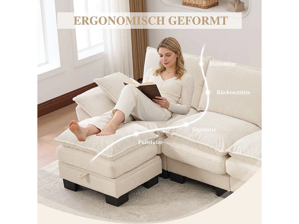 Modulares 4-Sitzer-Sofa mit 2 Poufs – breiter ergonomischer Sitz, hochdichter Schaumstoff, integrierter USB-C und Seitentaschen