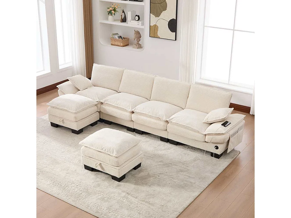 Modulares 4-Sitzer-Sofa mit 2 Poufs – breiter ergonomischer Sitz, hochdichter Schaumstoff, integrierter USB-C und Seitentaschen