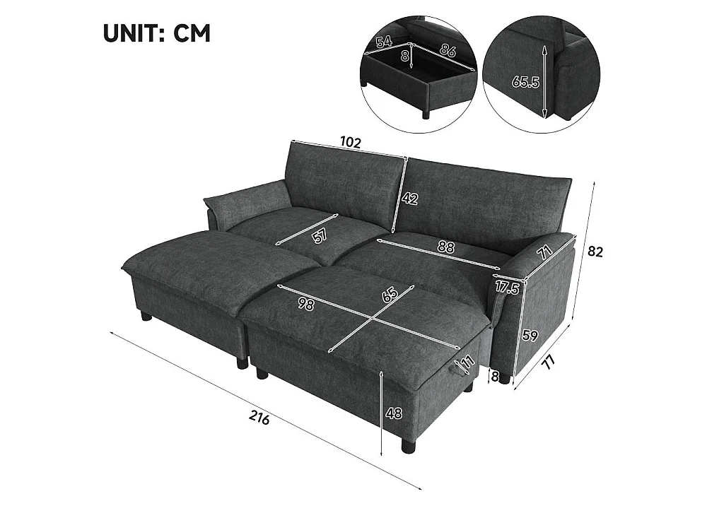 Cloud Modulares Chenille-Sofa mit mobilem Stauraum-Hocker und tiefem Sitz, 216*82*77 cm