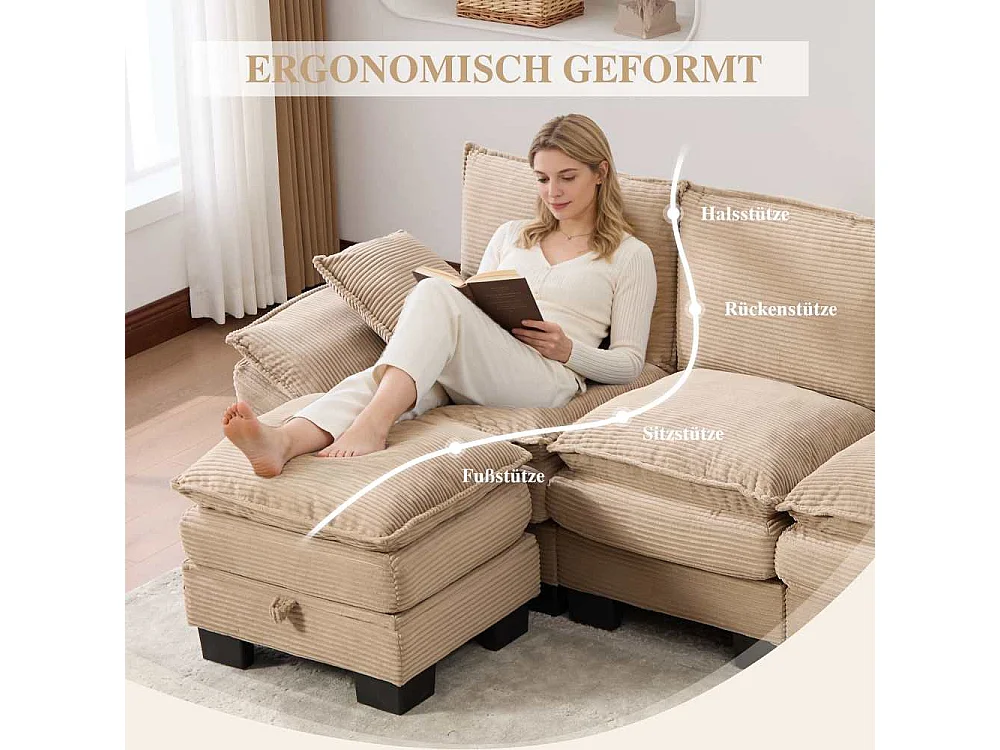 4-zits modulaire bank met 2 poefs – brede ergonomische zitting, schuim met hoge dichtheid, geïntegreerde USB-C en zijvakken