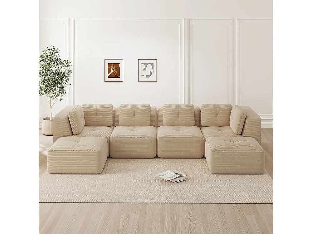 Canapé modulaire sans structure en velours côtelé U-forme avec ottomane, sofa profond convertible sans montage, design antidérapant