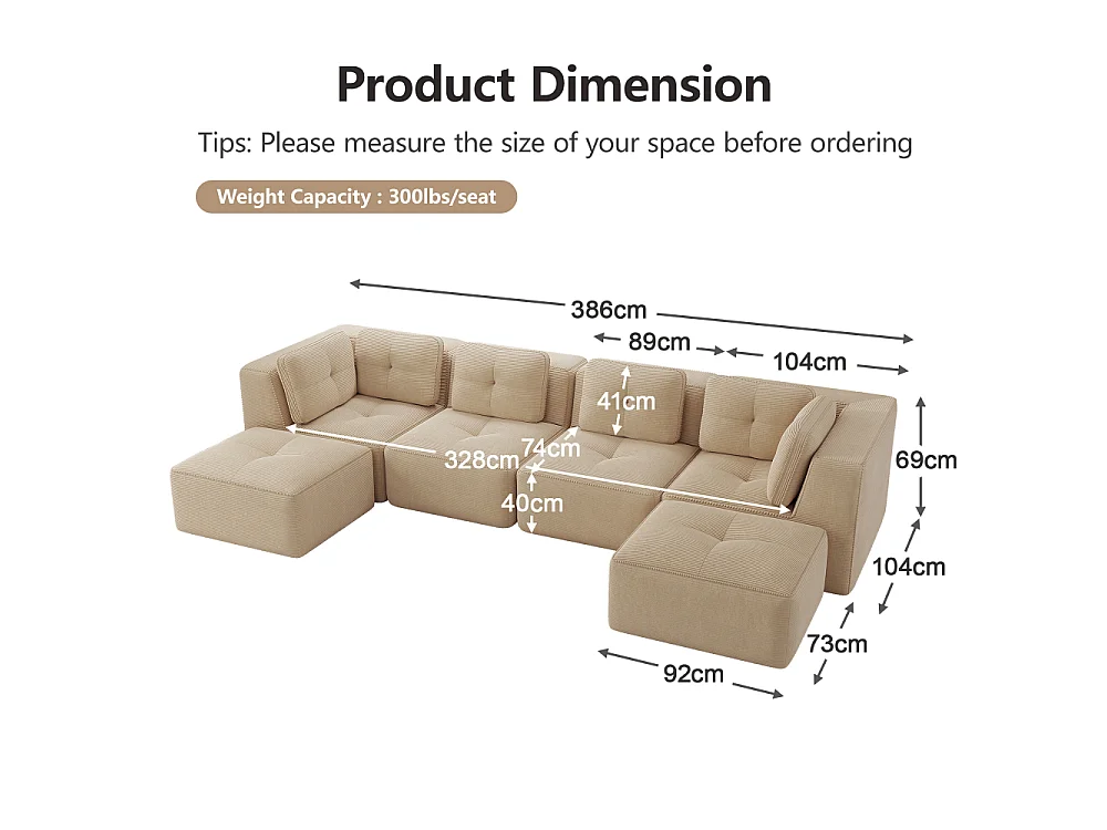 Canapé modulaire sans structure en velours côtelé U-forme avec ottomane, sofa profond convertible sans montage, design antidérapant