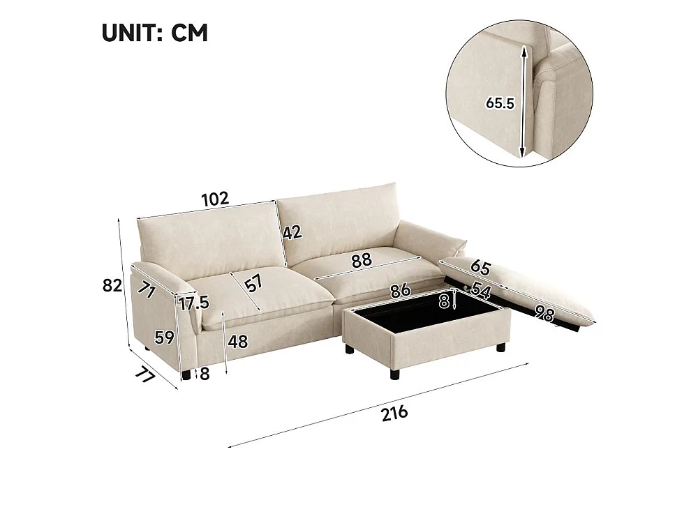 Canapé Cloud Modulare in Chenille con Pouf Mobile Contenitore e Seduta Profonda, 216×82×77 cm