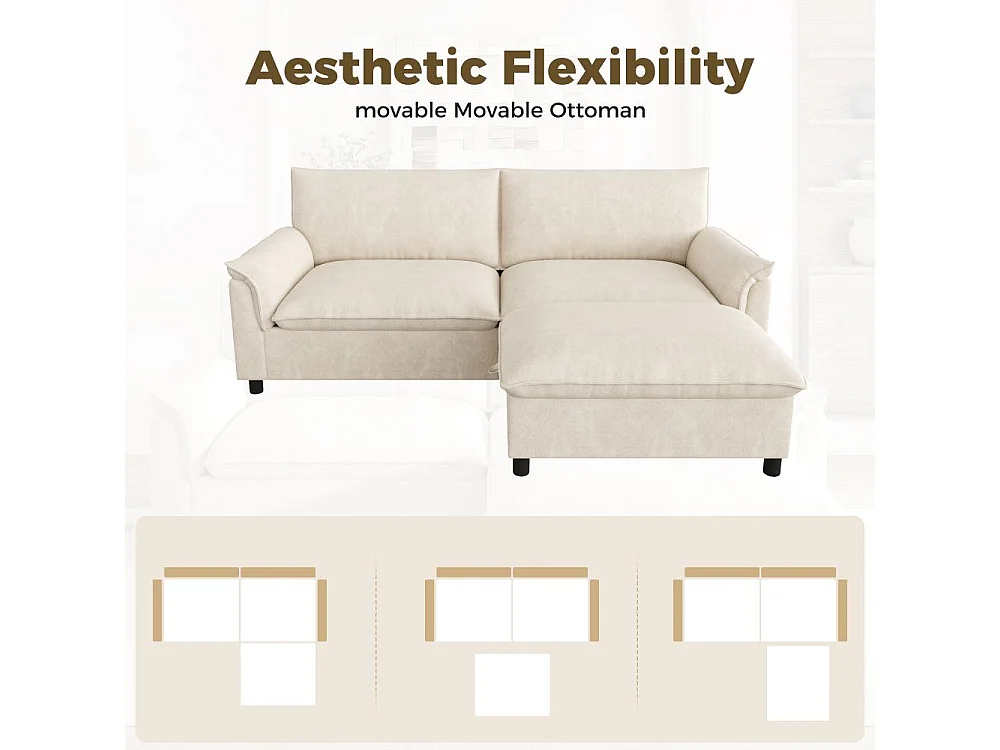 Canapé Cloud Modulare in Chenille con Pouf Mobile Contenitore e Seduta Profonda, 216×82×77 cm